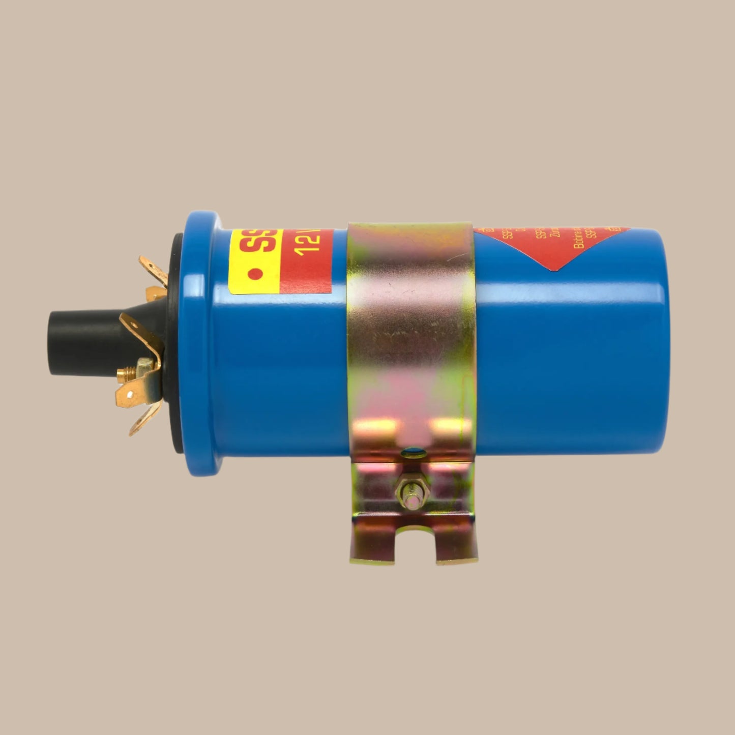 Blue ignition coil with metallic and black components on a beige background