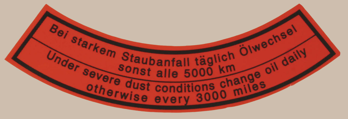 Sticker - Oil Bath Air Cleaner Curved: Beetle (1950-1964), T2 Split Bus (1950-1967), Karmann Ghia (1960-1967)