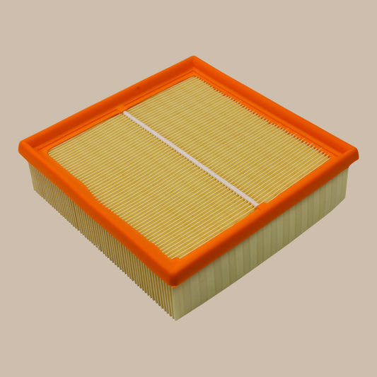 Square air filter with orange frame on a white background