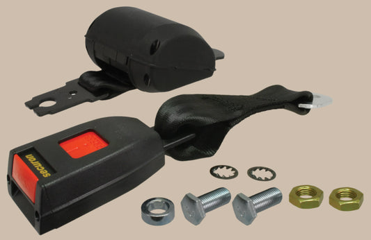Lap belt, including a black bracket, red switch, and various fasteners on a beige background.